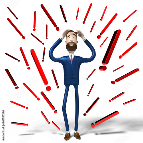 Handsome cartoon businessman and exclamation marks - 3D illustration photo
