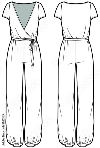 Women Overlap Tank Jumpsuit with Belt Front and Back View. Fashion Illustration, Vector, CAD, Technical Drawing, Flat drawing.