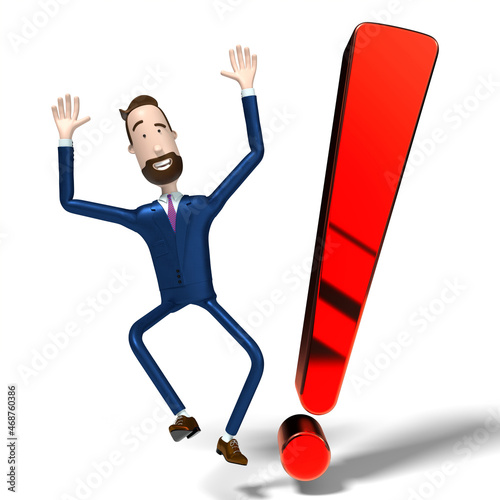 Handsome cartoon businessman and exclamation mark - 3D illustration photo