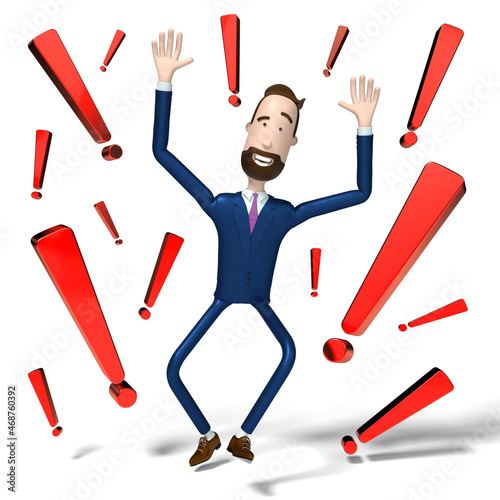 Handsome cartoon businessman and exclamation marks - 3D illustration photo