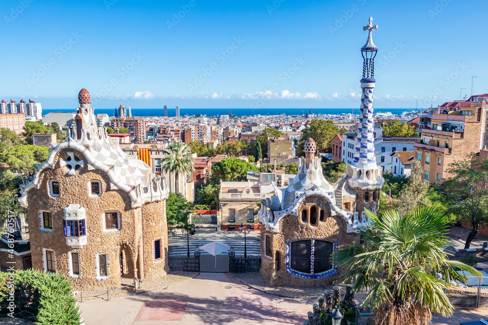 The famous Parc Güell designed by the architect Gaudí in the city of ...
