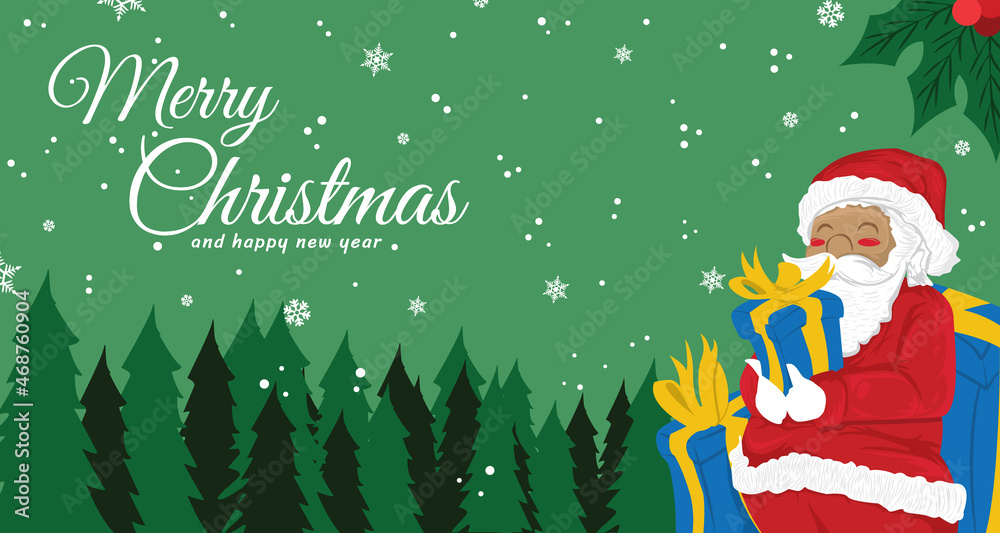 Merry Christmas background with santa holding gifts