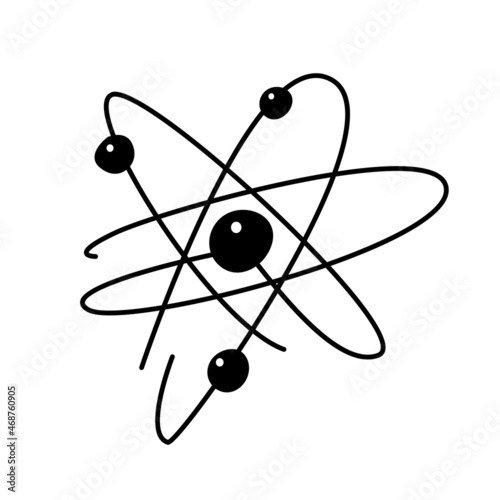 The atom rotates in an orbit. Drawn in doodle style. Vector graphics.