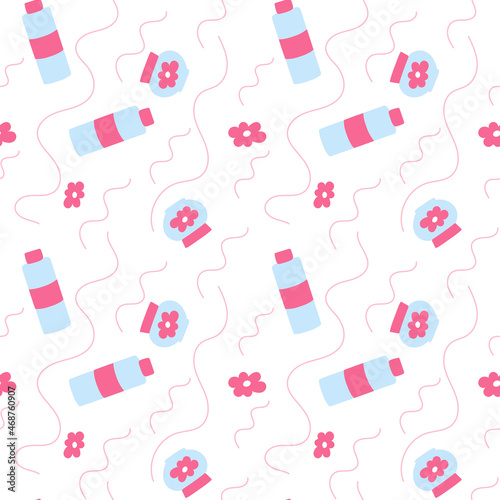 Seamless pattern with cosmetic bottles and skin care jars. Beauty vector texture in hand drawn style.