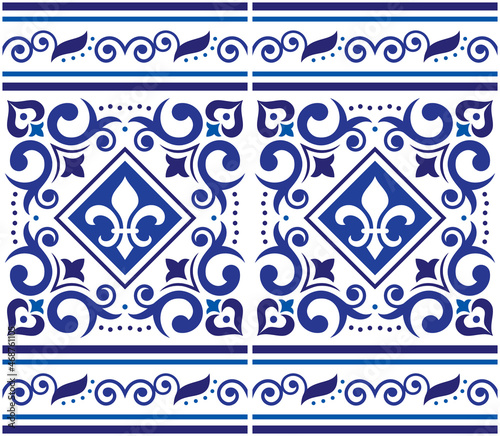 Azulejo tiles seamless vector pattern with frame or border- Lisbon decorative style, fleur de lis design inspired by art from Portugal 