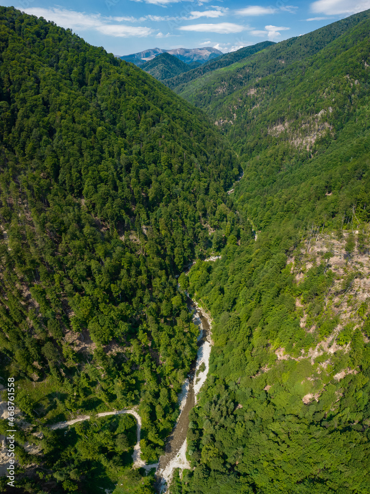 Aerial drone view above Gilort valley and the peaks of Parang Mountains. Old, green beech trees are covering the mountain sides. Carpathia, Romania, Summer. 