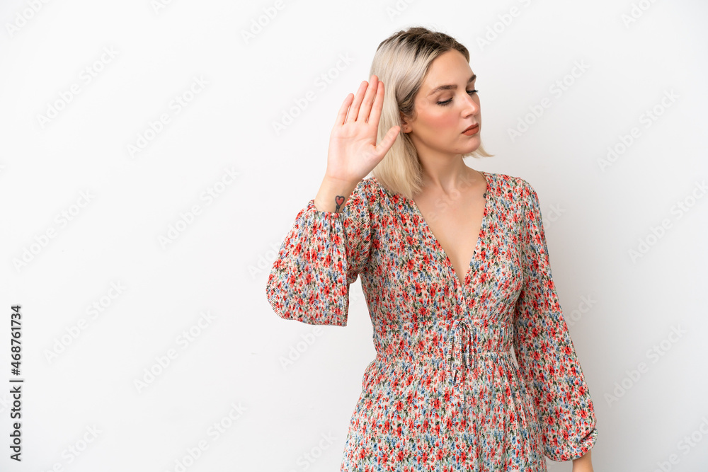 Young caucasian woman isolated on white background making stop gesture and disappointed Young caucasian woman isolated on white background making stop gesture and disappointed