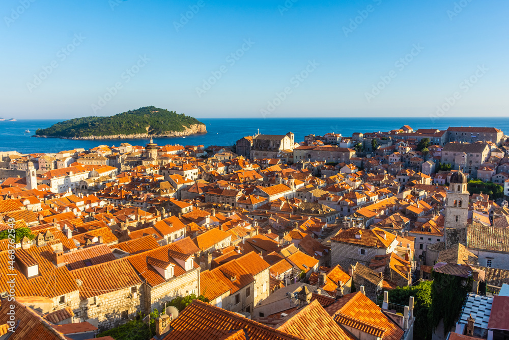 Landscape of Dubrovnik old town at sunset, Croatia