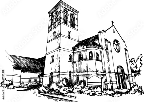 Anglican church exterior hand drawn black and white sketchy perspective illustration. main entrance, bell tower, rose window. for print, logo, postcard, poster design photo
