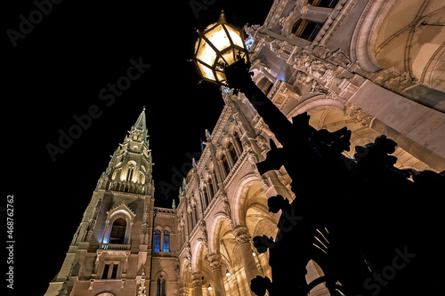 Old fashioned lantern and Hungarian parliament at night, Budapest