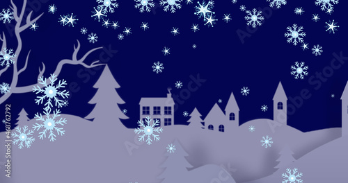 Image of christmas snowflakes falling over winter landscape with house © vectorfusionart