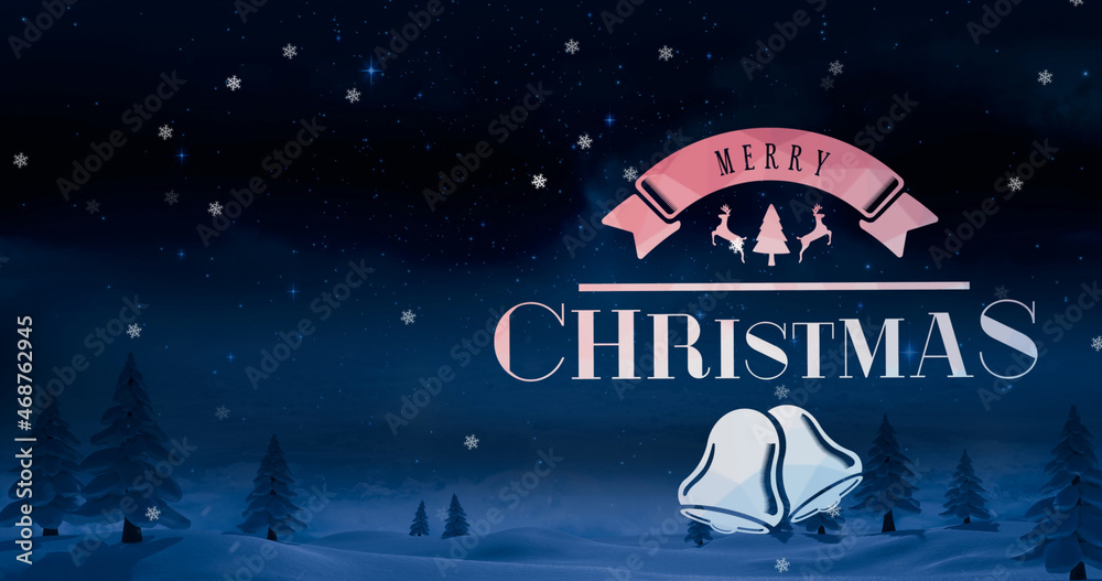 Image of merry christmas text over winter scenery and snow falling Image of merry christmas text over winter scenery and snow falling