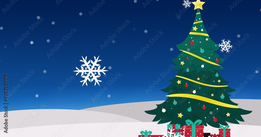 Image of christmas snowflakes falling over christmas tree in winter landscape