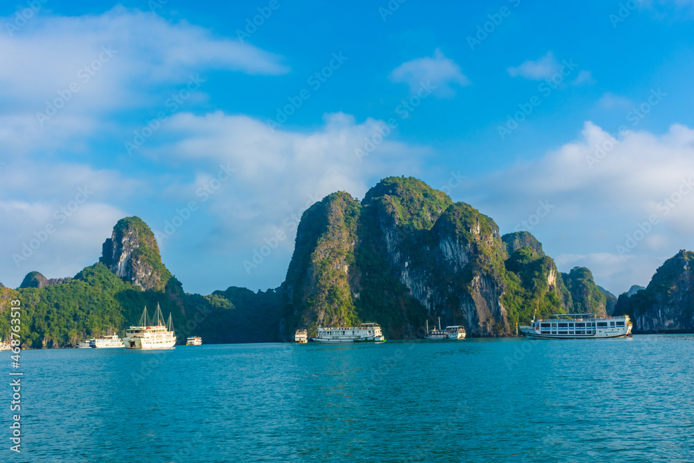 HA LONG BAY, VIETNAM, JANUARY 6 2020: Ship in the beautiful Ha long bay