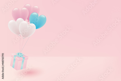 パステルカラーのハート形風船とギフトボックスのイラスト