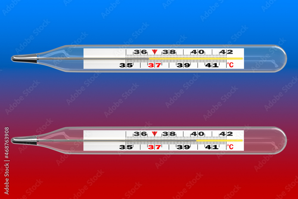 Two mercury thermometers with normal and high temperature marks on a gradient background