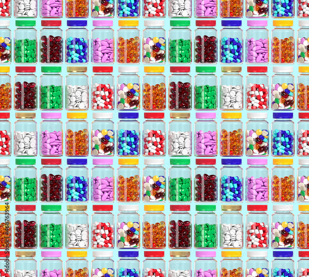 Seamless background with different tablets and pills. Variety of vitamins. Production of drugs. Medical theme. 3d rendering. Seamless background with different tablets and pills. Variety of vitamins. Production of drugs. Medical theme. 3d rendering.
