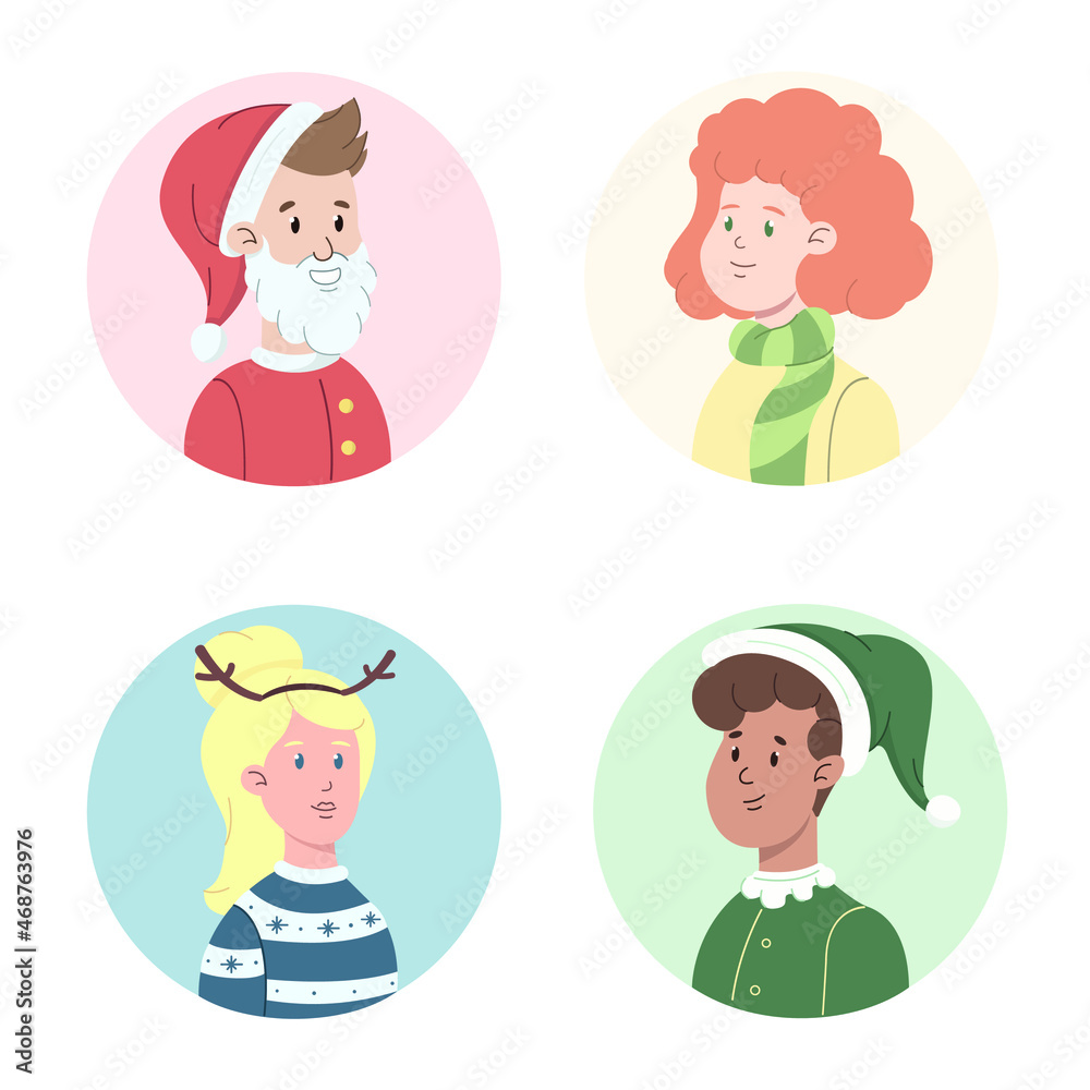 Different happy people avatars in Christmas costumes. Portraits of men and women in costume Santa Claus, Christmas elf, deer horns and warm scarf. Christmas or New Year concept vector illustration. Different happy people avatars in Christmas costumes. Portraits of men and women in costume Santa Claus, Christmas elf, deer horns and warm scarf. Christmas or New Year concept vector illustration.