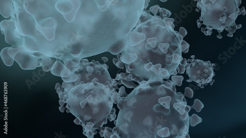 Microscopic view of infectious SARS-CoV-2 omicron virus cells. 3D rendering photo