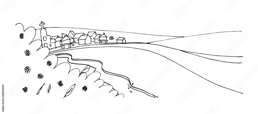 Road to a small town, village on a valley with a river, houses and a church in the distance. Basic black lines hand drawn ink strokes style vector illustration isolated on white background. - obrazy, fototapety, plakaty 