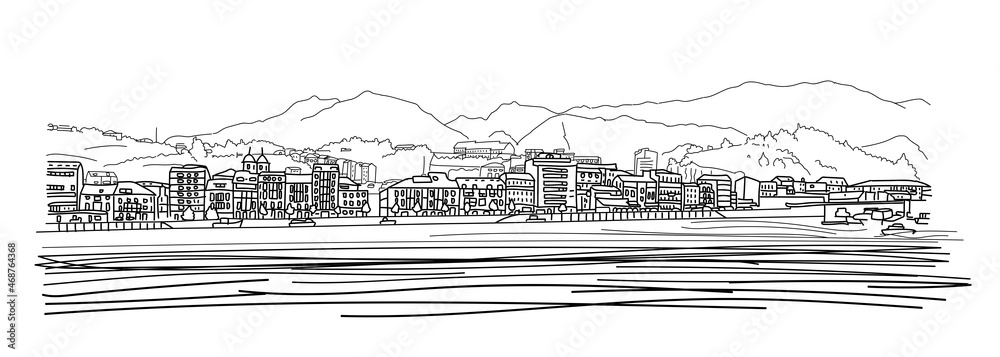 Ribadesella, Asturias, Spain landscape. Small town buildings between the sea and the mountains. Sketch hand drawn black lines ink strokes style vector illustration isolated on white background.