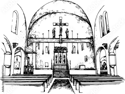 Anglican church interior hand drawn black and white sketchy perspective illustration. main entrance, cross, benches, rows, altar part.  for print, logo, postcard, poster design