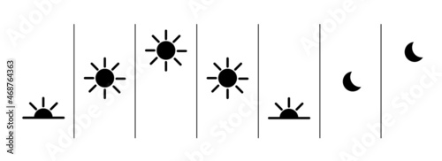 Sun rising and going down and moon rising. Process icons, symbols. Basic vector illustration isolated on white background.