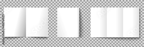 White sheets of A4 paper folded in half. Simple, isolated, blank white page layout with curves. Catalog page. Vector illustration on a gray background.
