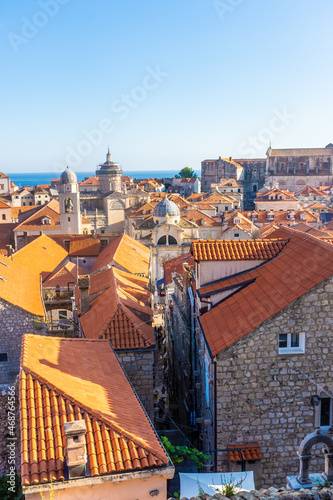 Beautiful aerial landscape of Dubrovnik old town at sunset, Croatia