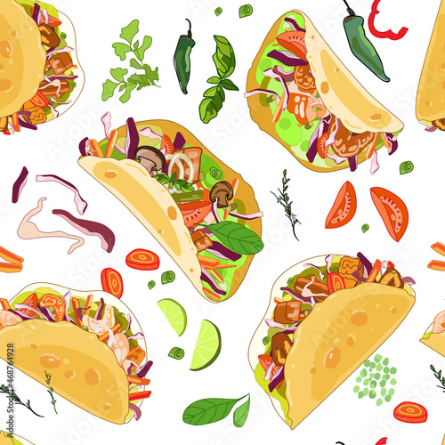 Seamless pattern, tacos with different ingredients, meat, shrimps, chicken, mushrooms and vegetables, isolated on a white background.Traditional Mexican food.Vector design