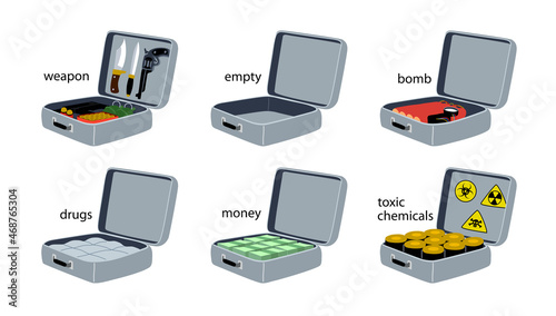 A set of suitcases with contraband, drugs, weapons, bombs, money and toxic chemicals. Customs inspection of baggage. Color vector illustration isolated on a white background in a cartoon style. photo