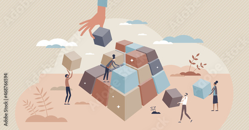 Collaborative learning and teamwork business strategy tiny person concept. Growth and development together with unity and support vector illustration. Cooperation for common target and goal success.