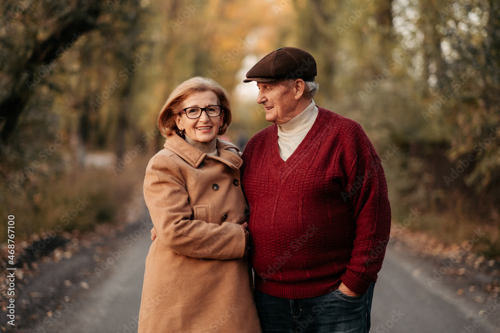 Senior married couple dancing in autumn park, celebrating anniversary, petting. Happy old age Senior married couple dancing in autumn park, celebrating anniversary, petting. Happy old age