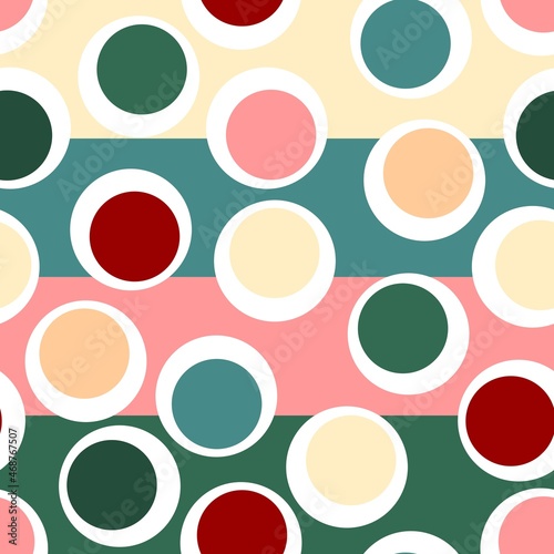 Seamless pattern with multicoloured circles on background of coloured horizontal stripes. Vector design.