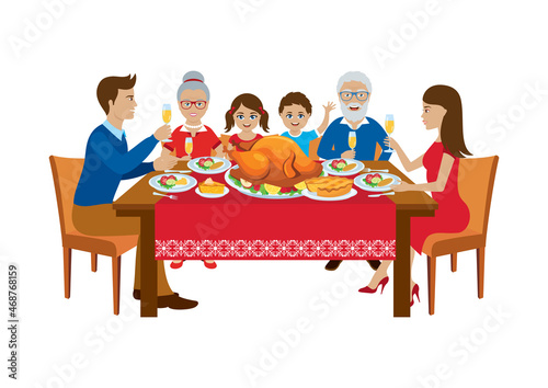 Happy family Thanksgiving dinner with roast turkey vector. Family toast with champagne during thanksgiving and christmas dinner vector illustration. Festive family dinner icon on a white background