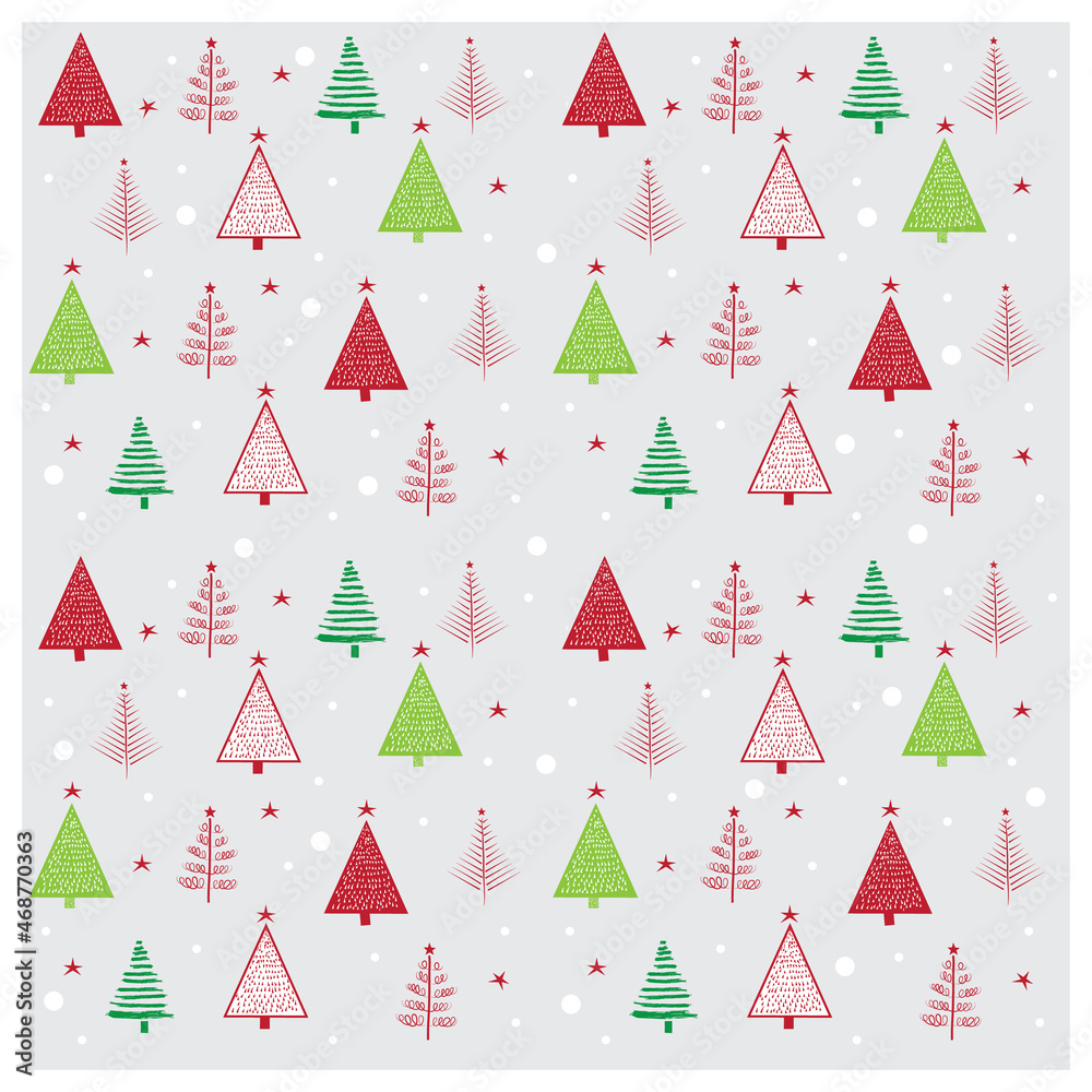 Wrapping paper for Christmas with different types of Christmas trees and snowflakes.