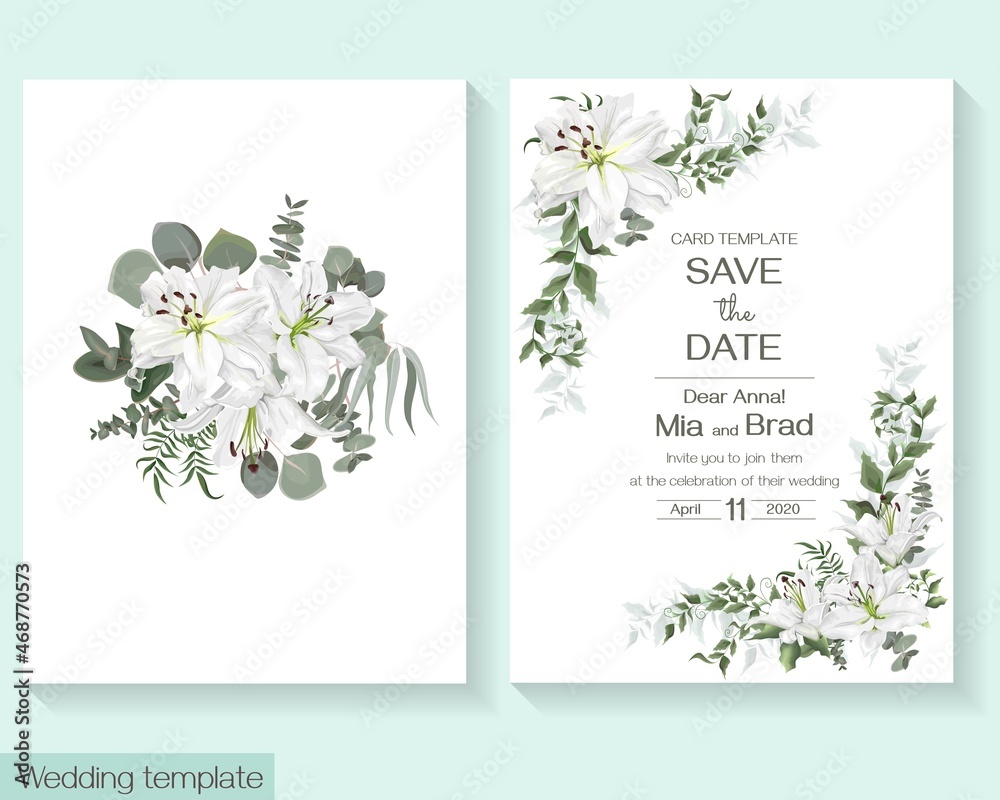 Vector floral template for wedding invitation. White royal lilies, eucalyptus, green plants and leaves. 