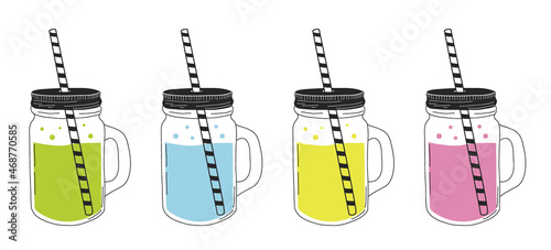 Set Glass mason jar mug outline with lid and straw. Smoothies, juices, drinks. Sketch, doodle style.