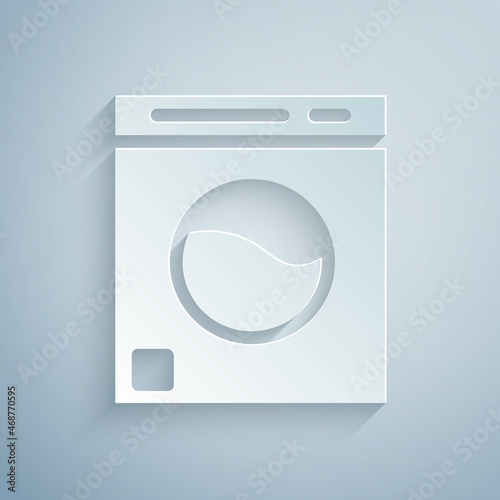 Paper cut Washer icon isolated on grey background. Washing machine icon. Clothes washer - laundry machine. Home appliance symbol. Paper art style. Vector