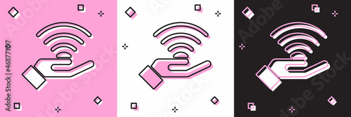 Set 5G new wireless internet wifi connection icon isolated on pink and white, black background. Global network high speed connection data rate technology. Vector