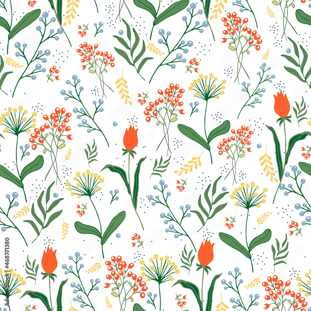 custom made wallpaper toronto digitalPattern with flowers and berries on a white background. For fabric, paper, cards and notebooks