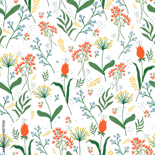 Pattern with flowers and berries on a white background. For fabric, paper, cards and notebooks