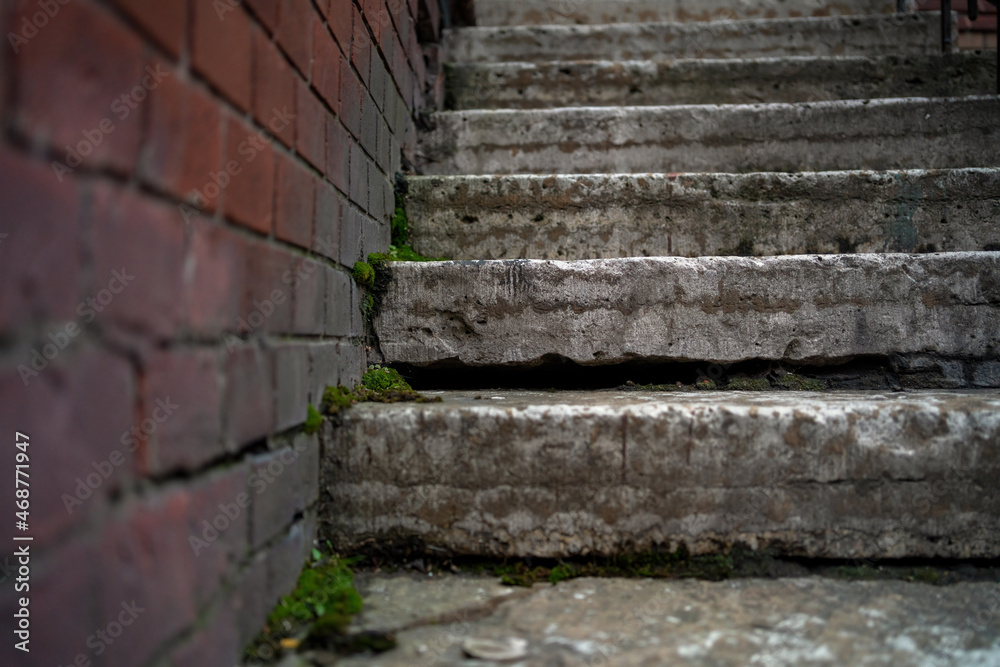 Brick wall and concrete staircase, building detail Brick wall and concrete staircase, building detail