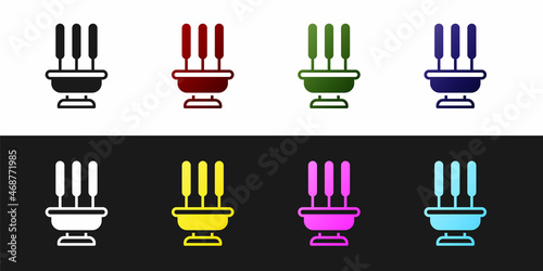 Set Burning aromatic incense sticks icon isolated on black and white background. Vector