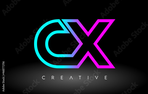 CX Neon Purple Blue Letters Logo Design. CX Outline Letter Icon Vector