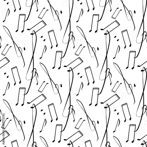 Seamless pattern with music notes and treble clef. Black and white music texture. Hand drawn graphic print. Ink drawing  illustration  background for music events.