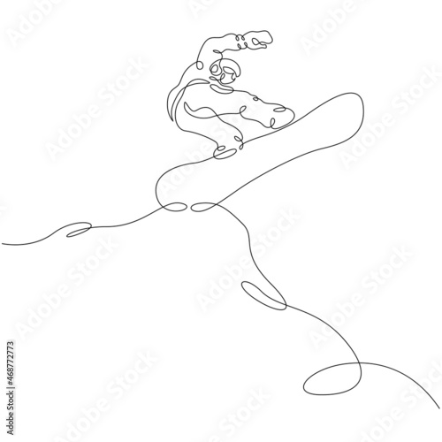 Athlete snowboarder rides on a snowy slope. Snowboarder rides on a board in the snow in winter.One continuous line .One continuous drawing line logo isolated minimal illustration.