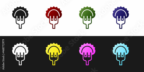 Set Dumplings on fork icon isolated on black and white background. Pierogi, varenyky, pelmeni, ravioli. Traditional Ukrainian food. Vector