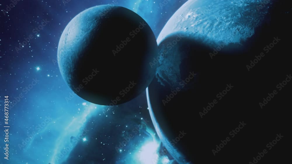Colliding planets. Small planet or moon crashes into big planet creating a fiery explosion and shockwave.