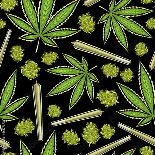 Vector Marijuana Seamless Pattern, square repeating background of marijuana leaves, medicinal cannabis buds, decorative poster with cut out illustrations of recreational marijuana on dark background.